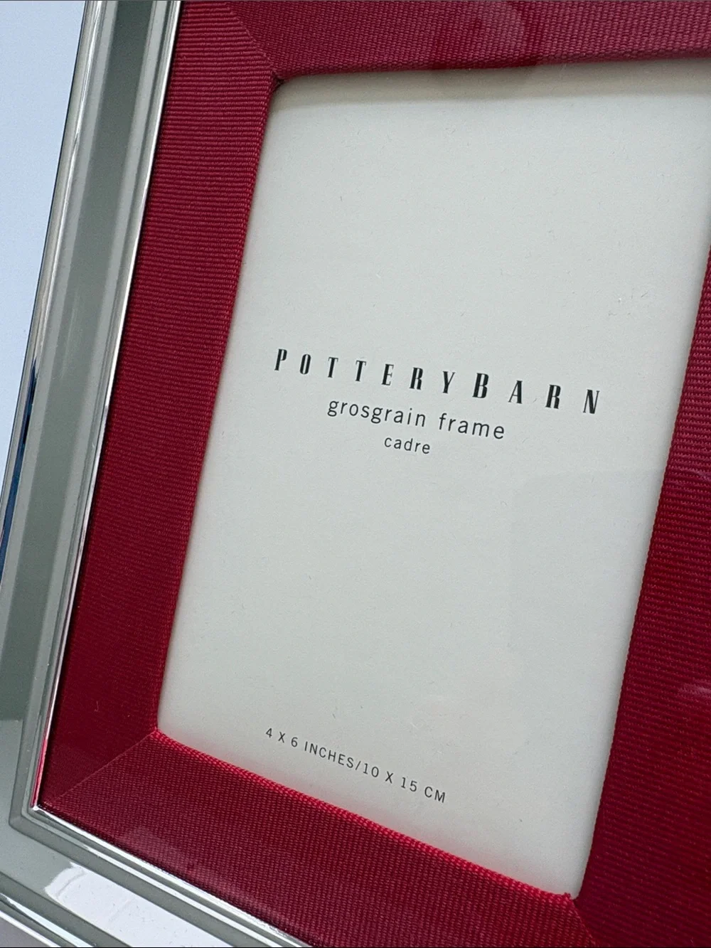 New in Box Pottery Barn 4x6  Silver Plated Frame with Red Grosgrain Mat